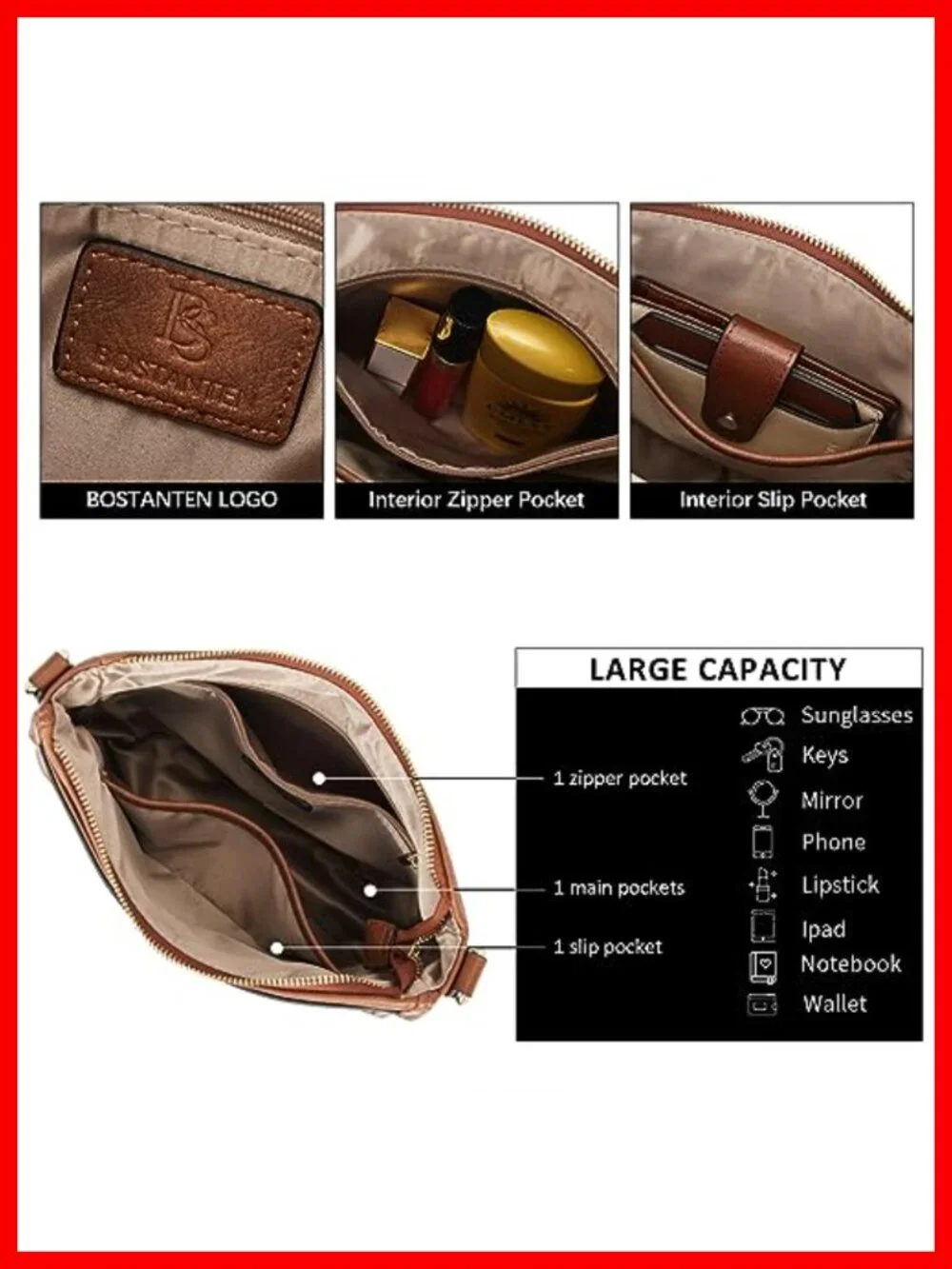 Vegan Leather Crossbody Bag with Wide Strap Hobo Purse